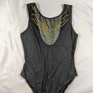 Gold embroidered mesh panel black bodysuit
